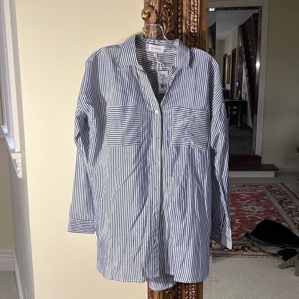 Thread & Supply Lewis Stripe Button Up Shirt for Women in Off White and Blue S